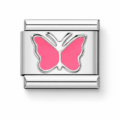 Pink enamel butterfly charm with silver border, link-style Italian charm segment