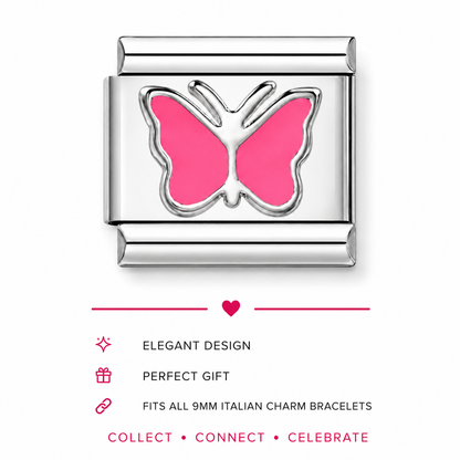 Butterfly charm with pink enamel wings and polished silver frame, front view