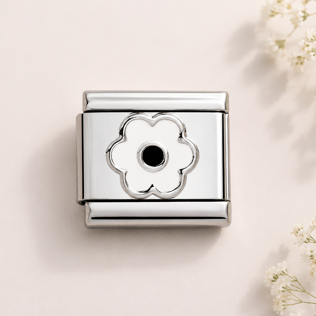 Silver Italian charm with floral design. Fits all 9mm italian charms including Nomination