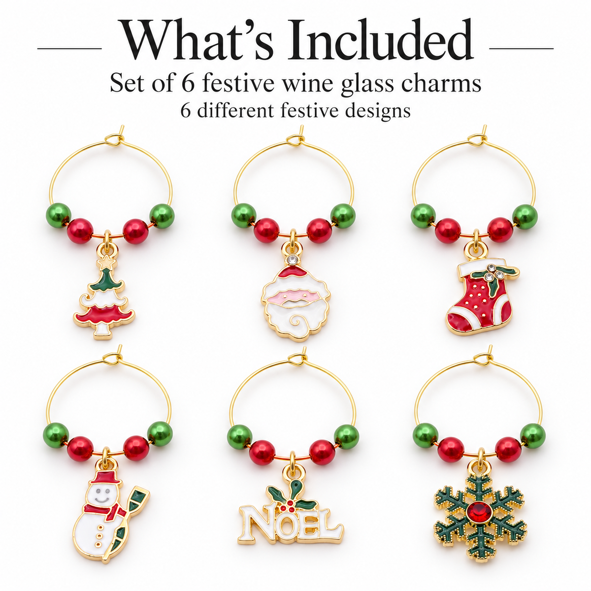 Set of 6 wine glass charms: Noel sign, Christmas tree, stocking, snowman, snowflake, ornament