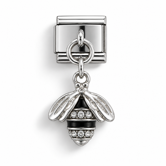 Bee dangle charm with cubic zirconia, silver-tone metal, detailed wing and body