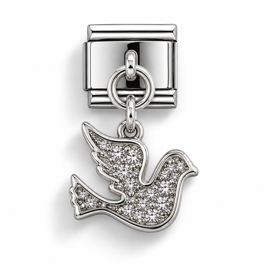 Silver dove dangle charm with sparkling cubic zirconia pave on round Italian clasp