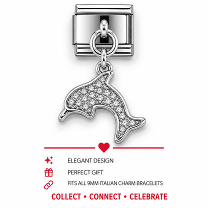 Dolphin Cubic Zirconia Dangle Italian Charm | 9mm | Fits All Italian Bracelets