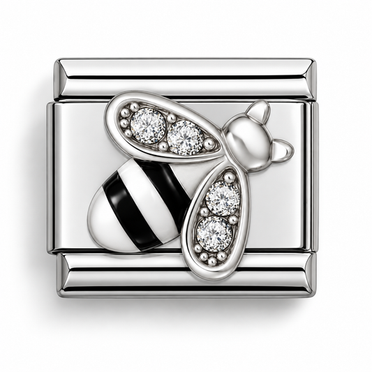 Stainless steel bee charm with crystal accents and black-and-white striped detail