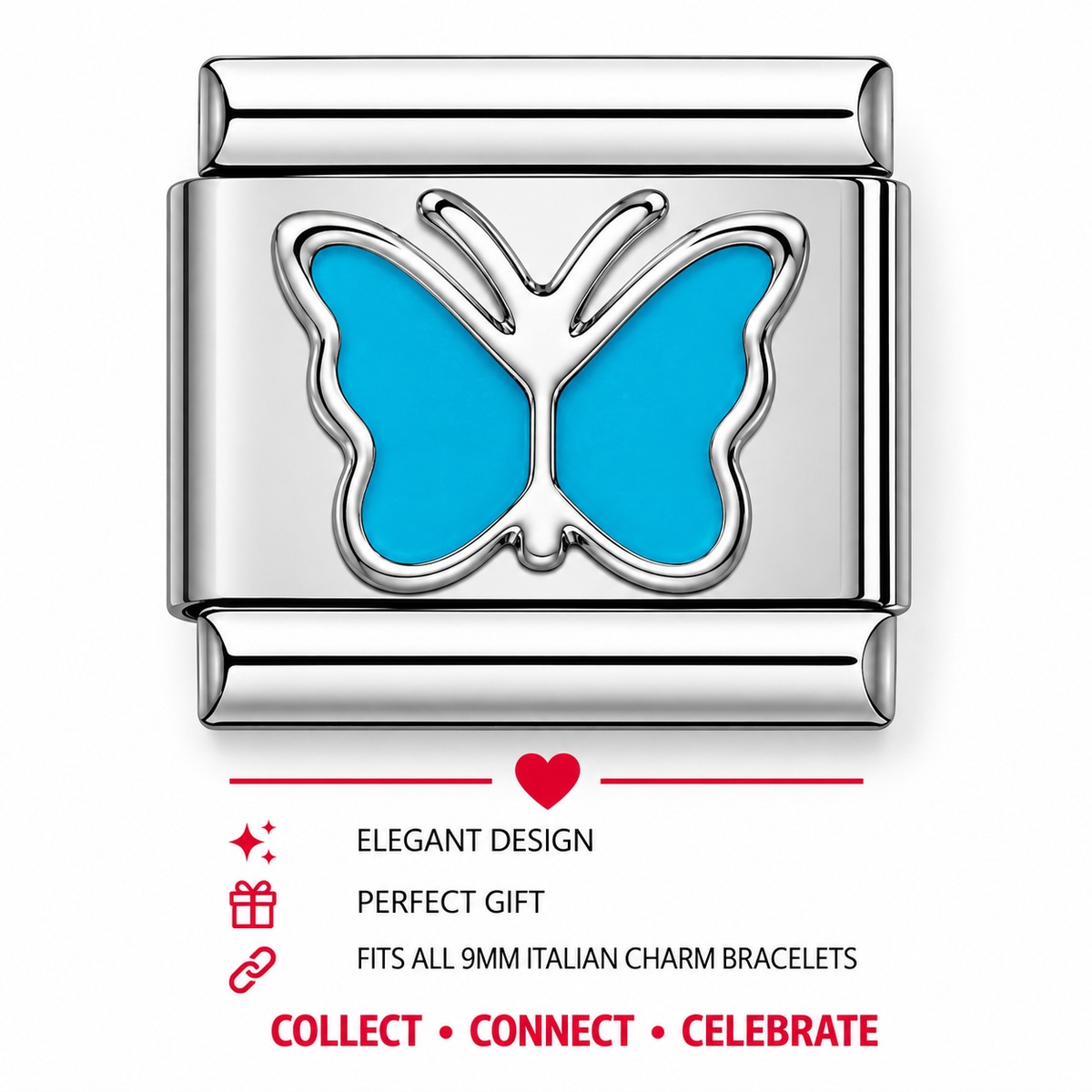 Blue butterfly Italian charm with silver frame, enamel wings and raised center cutout