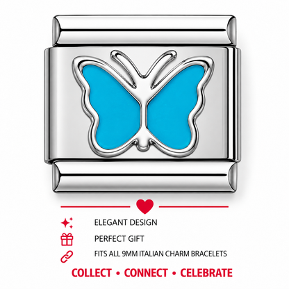 Blue butterfly Italian charm with silver frame, enamel wings and raised center cutout