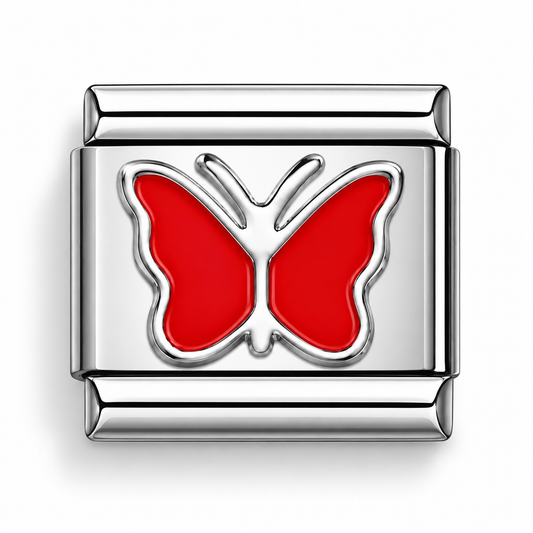 Red butterfly charm with raised silver border and curved top and bottom bars