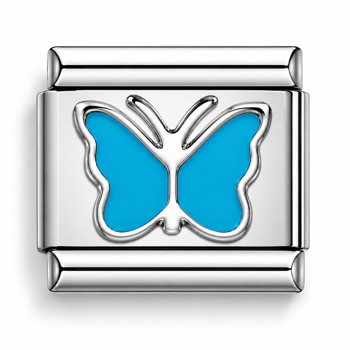 Blue butterfly enamel charm with polished silver borders and raised wings on a link