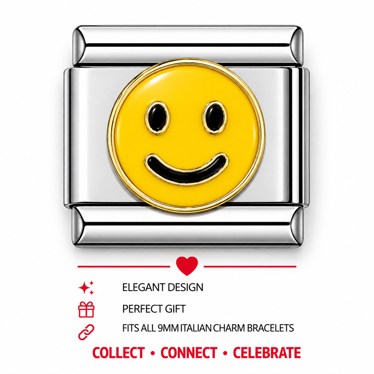 Smiley face Italian charm with yellow enamel, black eyes and grin, silver 9mm clasp
