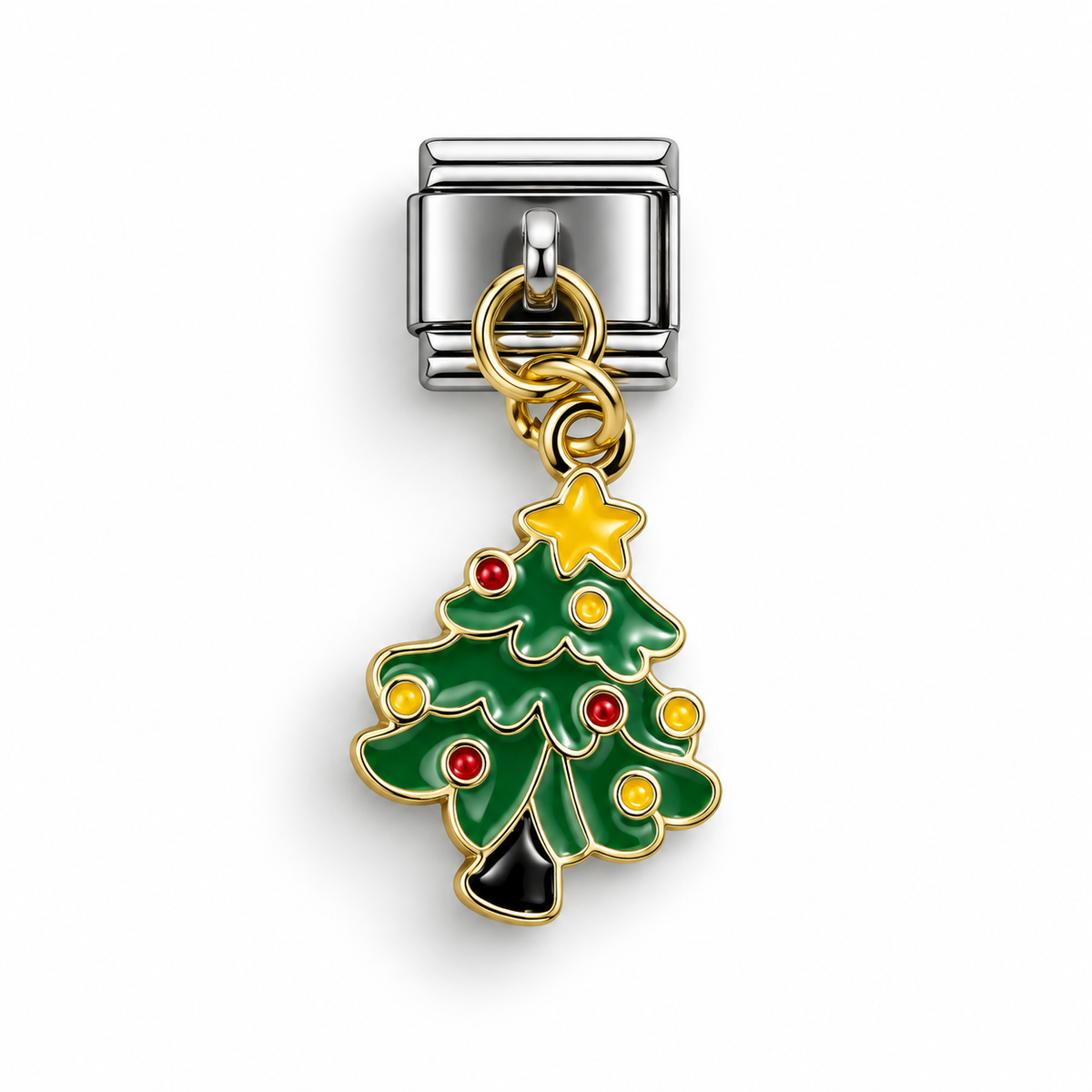 Christmas tree dangle charm with green enamel, red ornaments, and gold star top