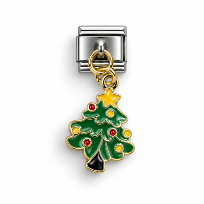 Christmas tree dangle charm with green enamel, red ornaments, and gold star top