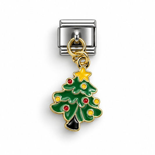 Christmas tree dangle charm with green enamel, red ornaments, and gold star top