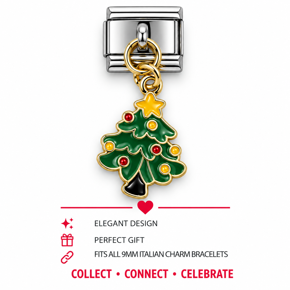 Christmas tree charm with green enamel, red beads, gold ring links, and star topper