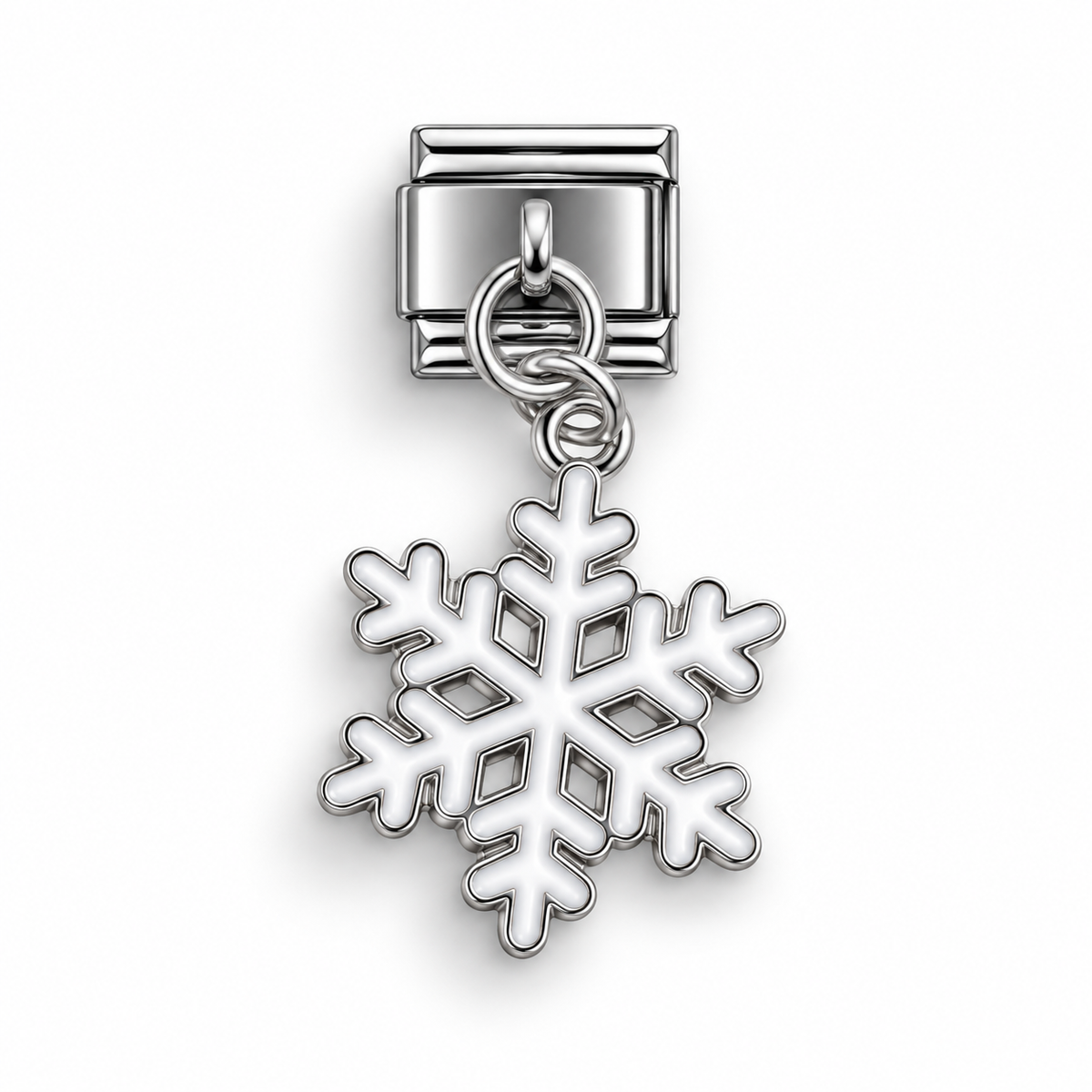 Snowflake dangle charm with hanging loop, silver-toned metal, Italian bracelet link