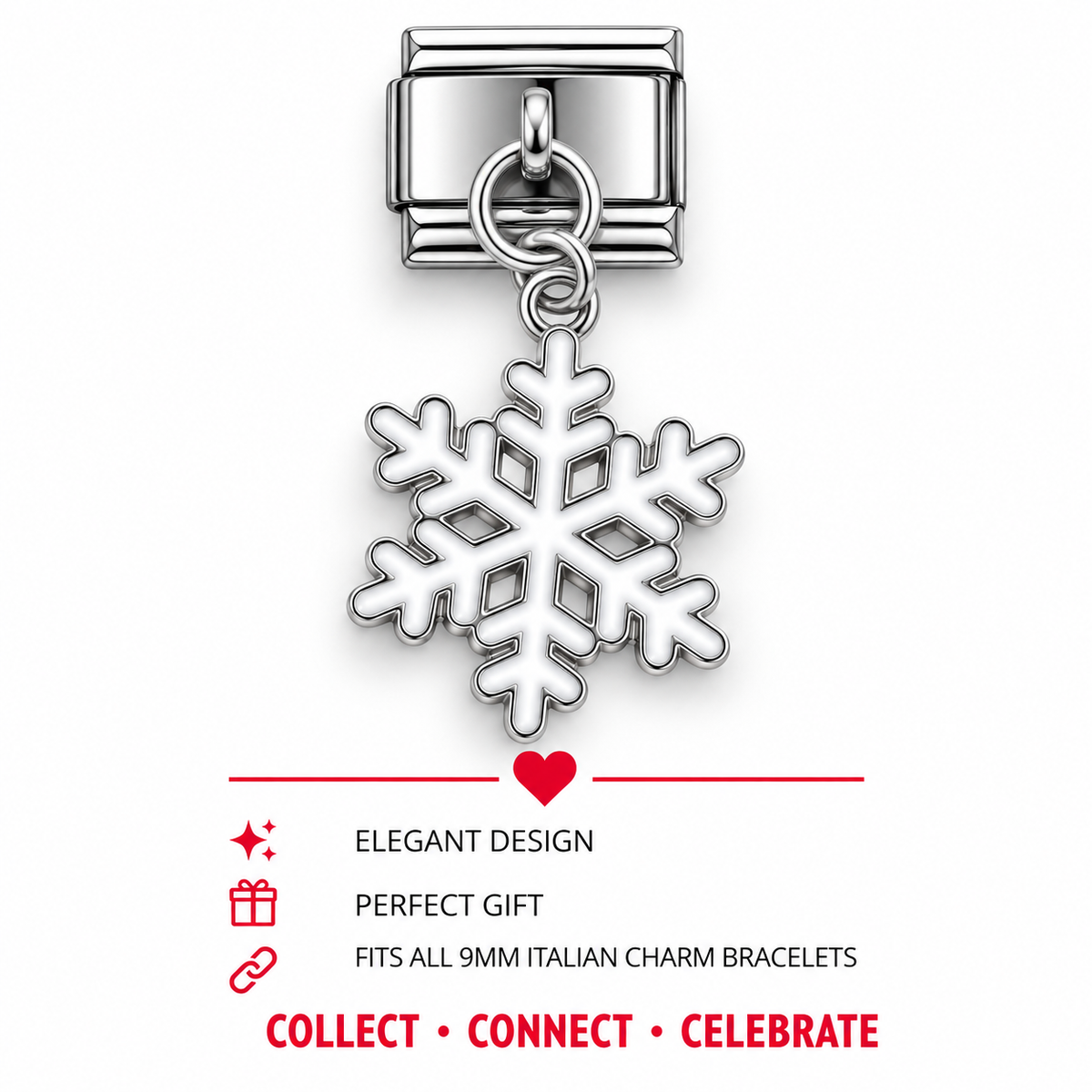 Snowflake dangle charm with hanging ring, silver-toned metal, Italian charm clasp