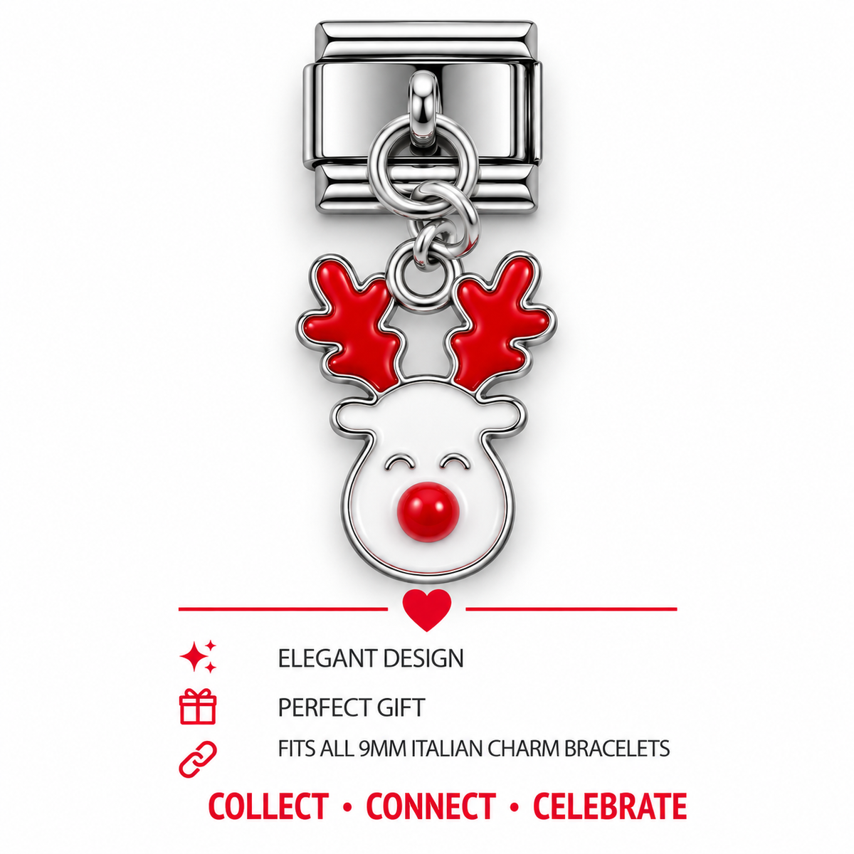 Reindeer face dangle charm with red antlers and glossy red nose on a silver link