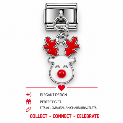 Reindeer face dangle charm with red antlers and glossy red nose on a silver link