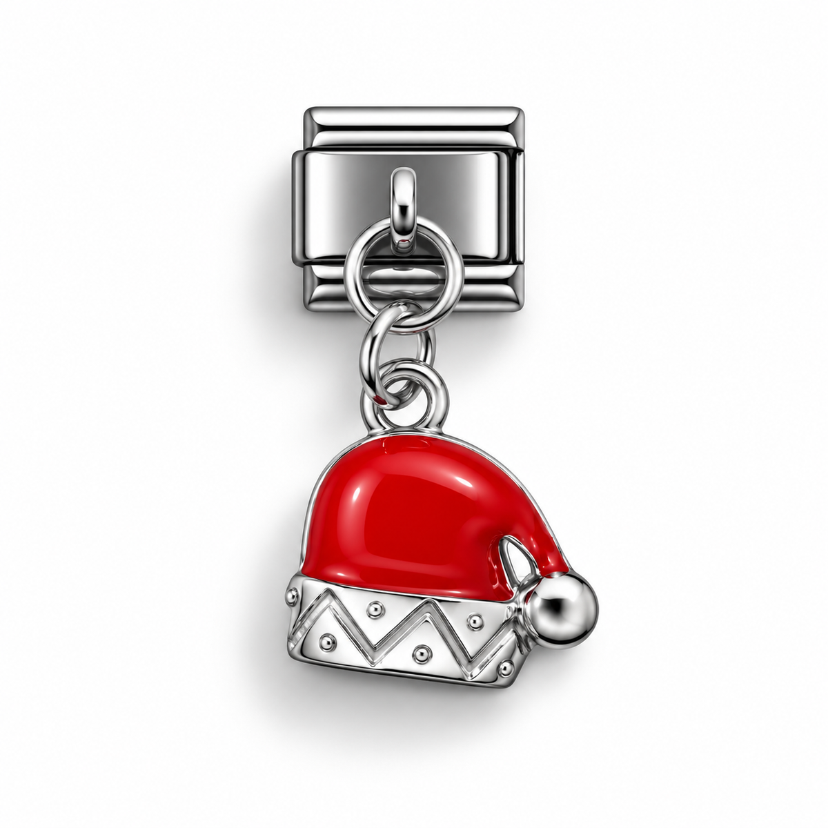 Santa hat dangle charm with red enamel cap, silver trim, and circular clasp ring