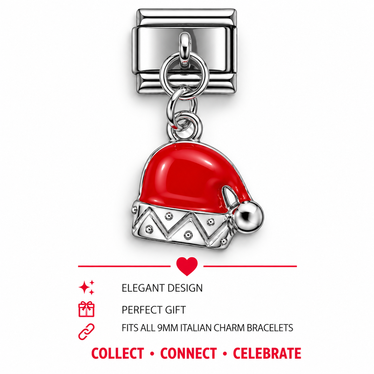Santa hat dangle charm with red enamel top, silver zigzag band, and pom-pom