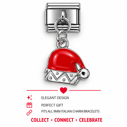 Santa hat dangle charm with red enamel top, silver zigzag band, and pom-pom