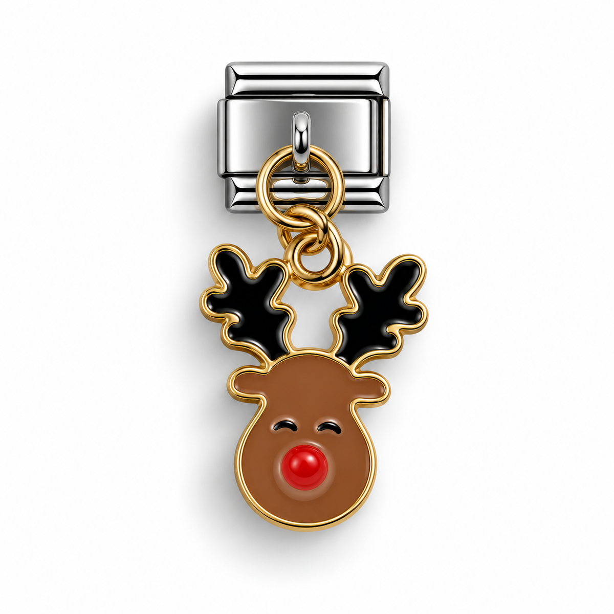 Brown reindeer face dangle charm with red nose and gold chain ring