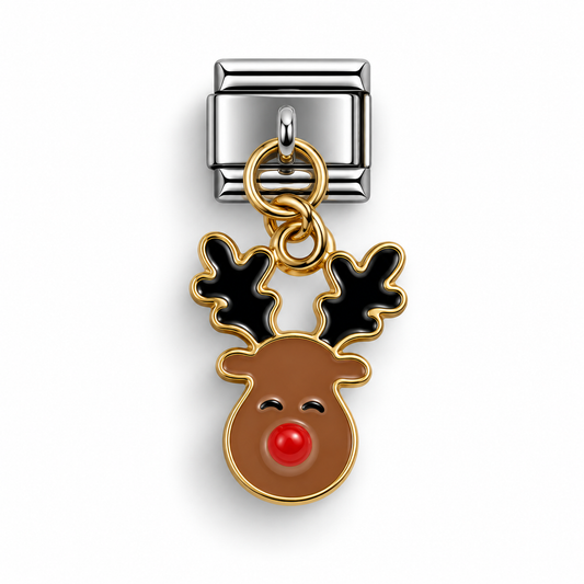 Brown reindeer face dangle charm with red nose and gold chain ring