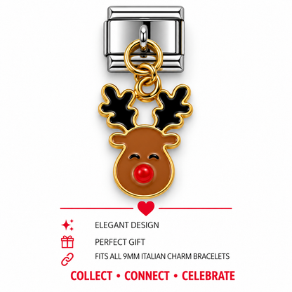 Reindeer face dangle charm with black antlers, red nose, and gold chain ring