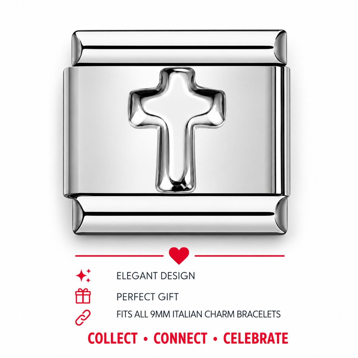 Silver-tone cross charm with rounded rectangular bezel for Italian bracelets