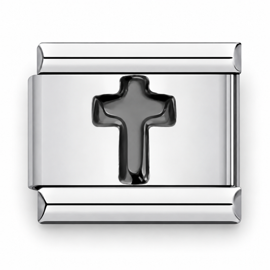 Black cross charm with silver frame, 9mm modular link