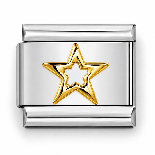 Gold five-point star Italian charm in a rectangular silver frame, polished metal.