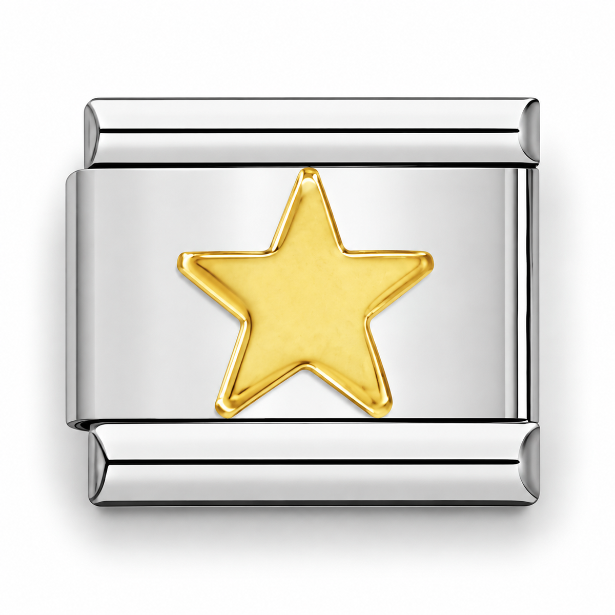 Gold star Italian charm with raised star center on rectangular silver link