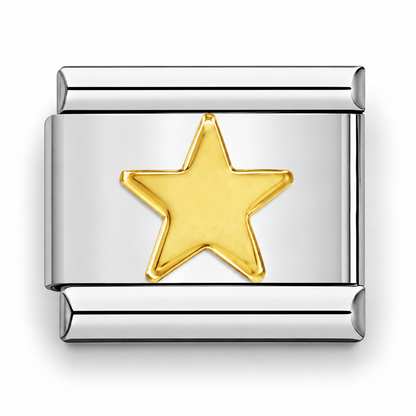 Gold star Italian charm with raised star center on rectangular silver link