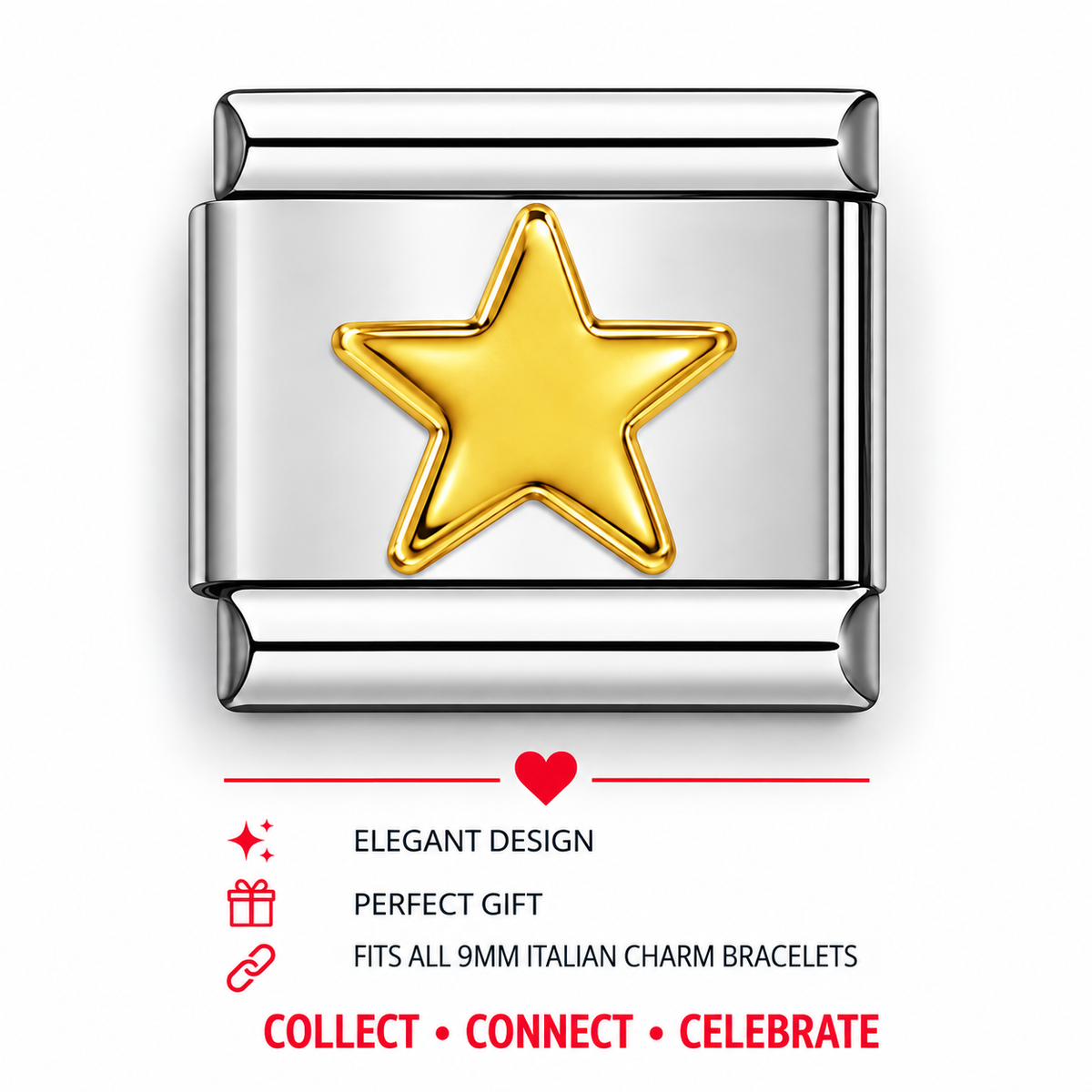Gold star charm on rectangular silver Italian bracelet link, raised star relief