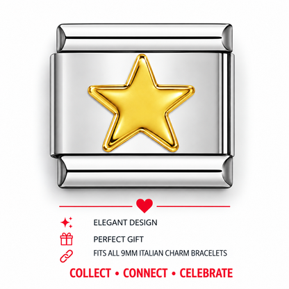 Gold star charm on rectangular silver Italian bracelet link, raised star relief