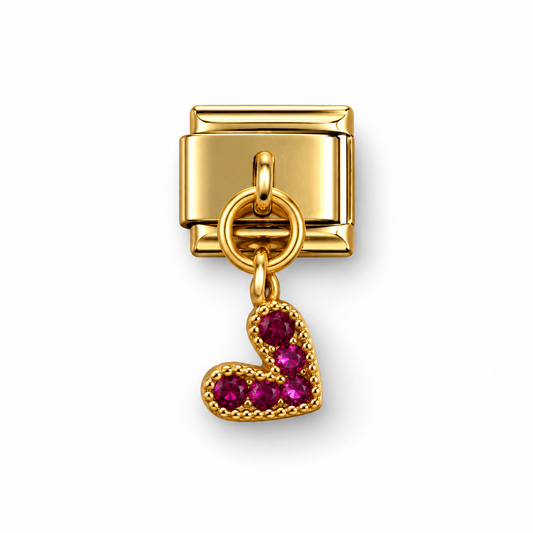 Gold heart dangle charm with maroon-purple gem heart pendant and gold clasp for bracelets