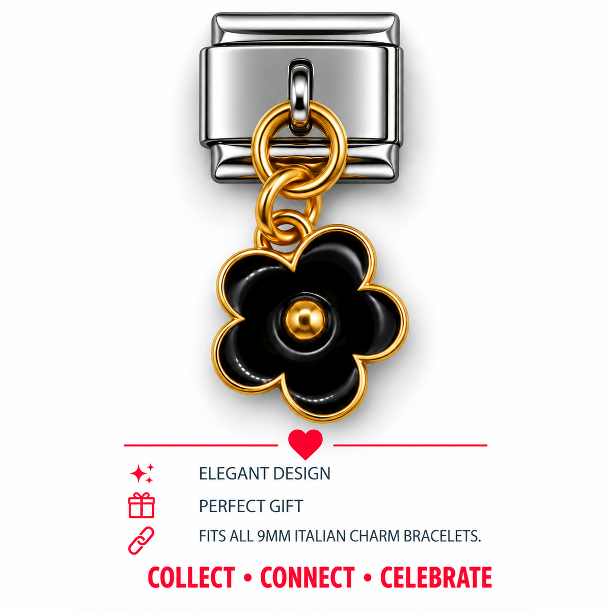 Black Daisy Dangle Italian Charm | 9mm | Fits All Italian Bracelets