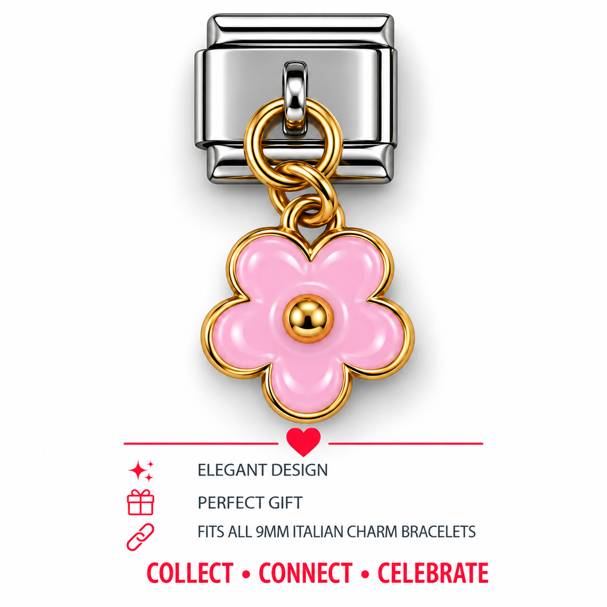 Pink Daisy Dangle Italian Charm | 9mm | Fits All Italian Bracelets