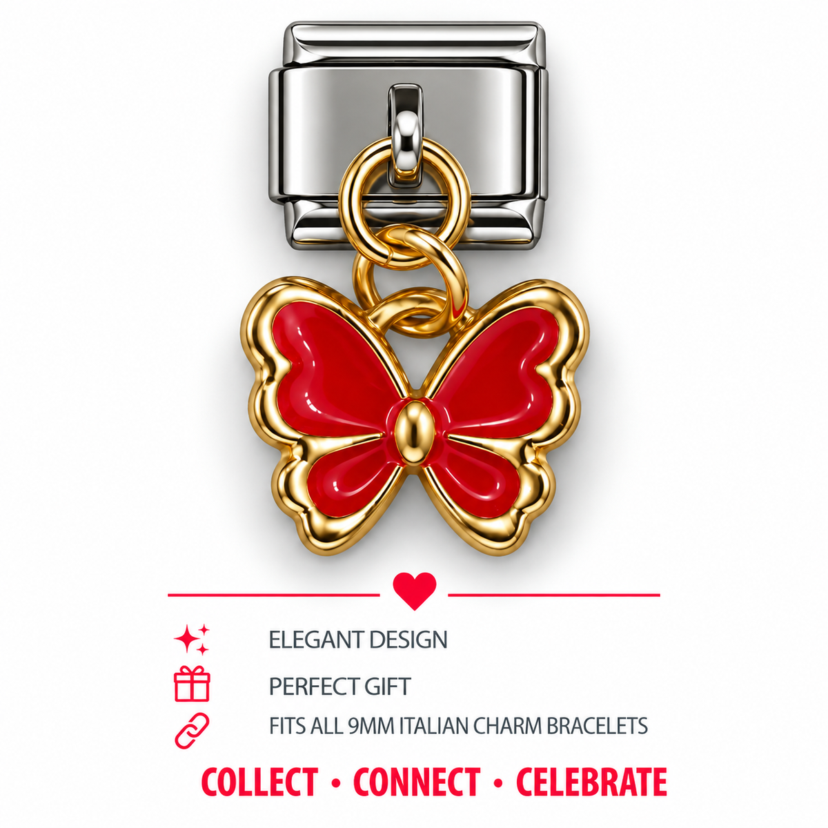 Gold butterfly charm with red enamel wings and hanging chain ring