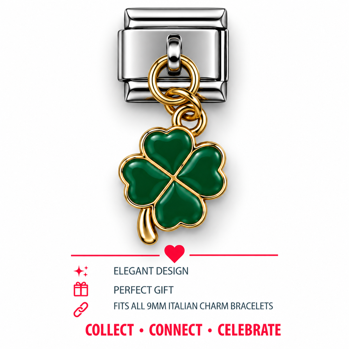 Four Leaf Clover Dangle Italian Charm | 9mm | Fits All Italian Bracelets