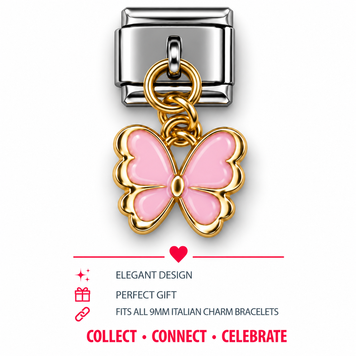 Pink Butterfly Dangle Italian Charm | 9mm | Fits All Italian Bracelets