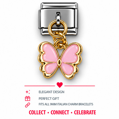 Pink Butterfly Dangle Italian Charm | 9mm | Fits All Italian Bracelets