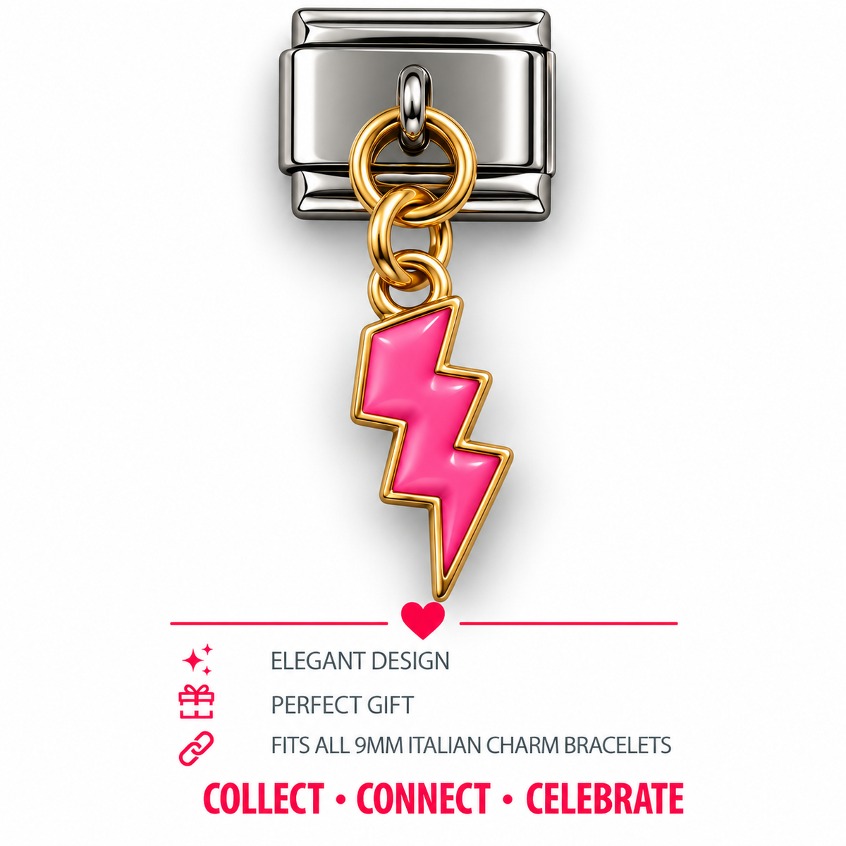Pink Lightning Bolt Dangle Italian Charm | 9mm | Fits All Italian Bracelets