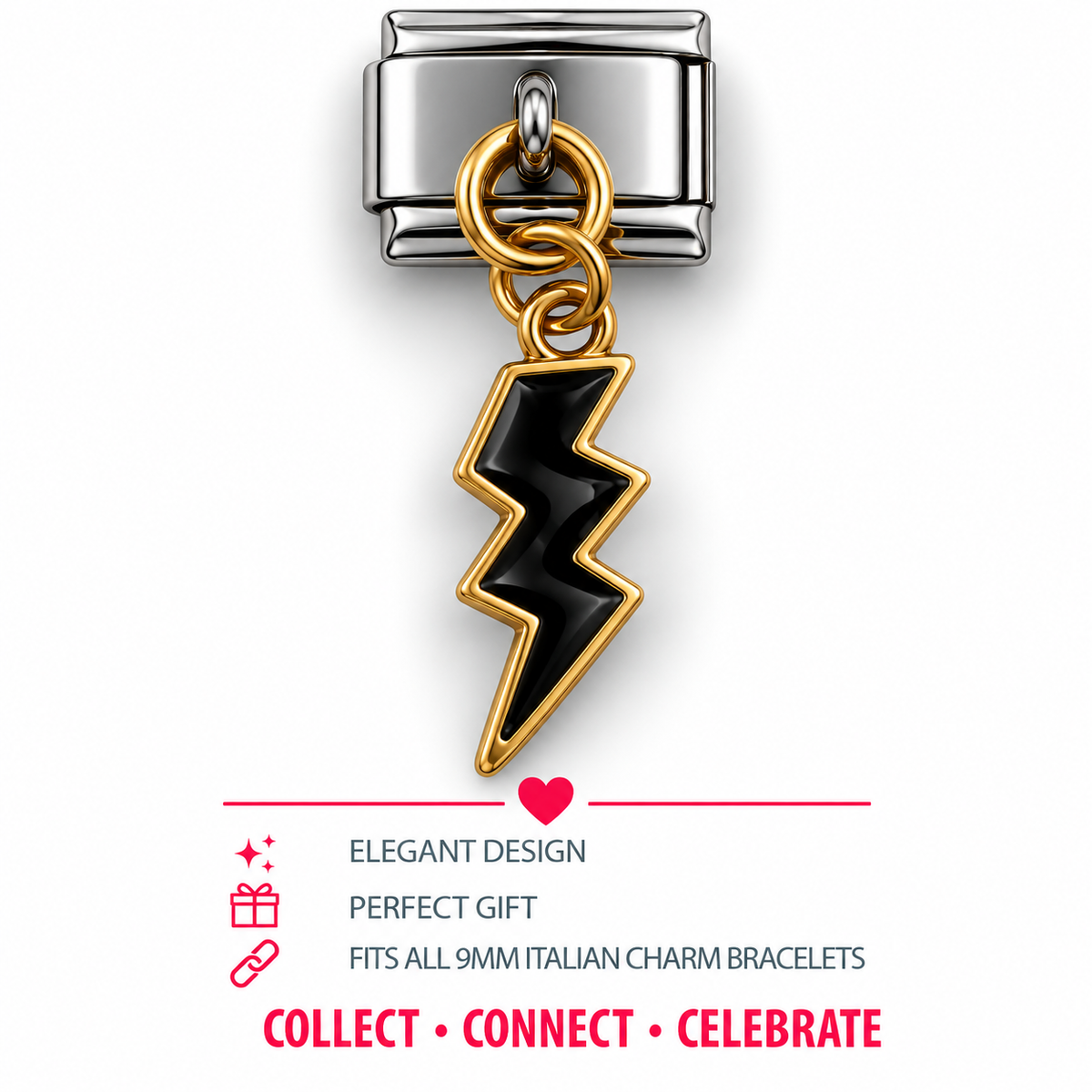 Lightning bolt dangle charm with black enamel insert and gold frame on Italian clasp