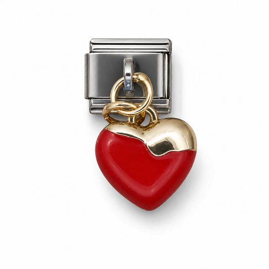Red heart Italian-style dangle charm with gold loop and silver attachment