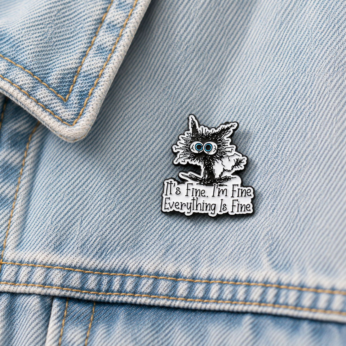Cat enamel pin badge on light blue denim jacket, blue-eyed cat with 'It's Fine' slogan