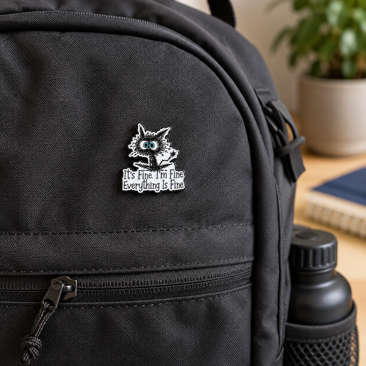 Cat enamel pin badge on black backpack, blue-eyed cat with 'It's Fine' slogan