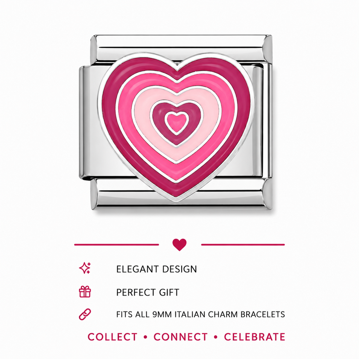 Stainless steel Italian charm with layered pink heart enamel insert