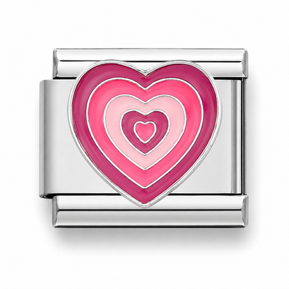 Italian charm link with layered hot-pink heart enamel centerpiece