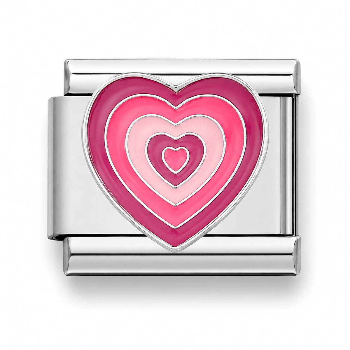 Stainless steel charm with glossy pink heart and inner pale-pink layers