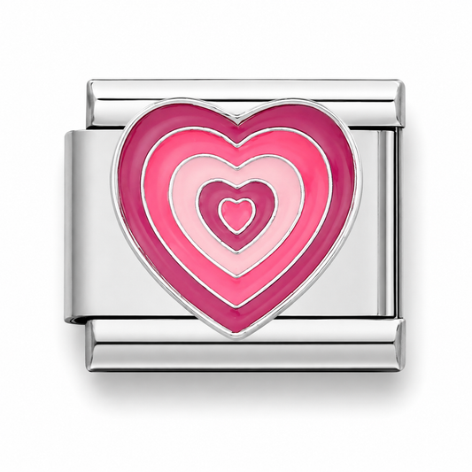 Stainless steel charm with glossy pink heart and inner pale-pink layers